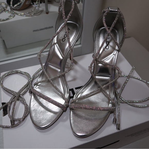 ALDO Marly Silver Rhinestone Embellished Ankle-Tie Dress Sandals - Picture 2 of 6